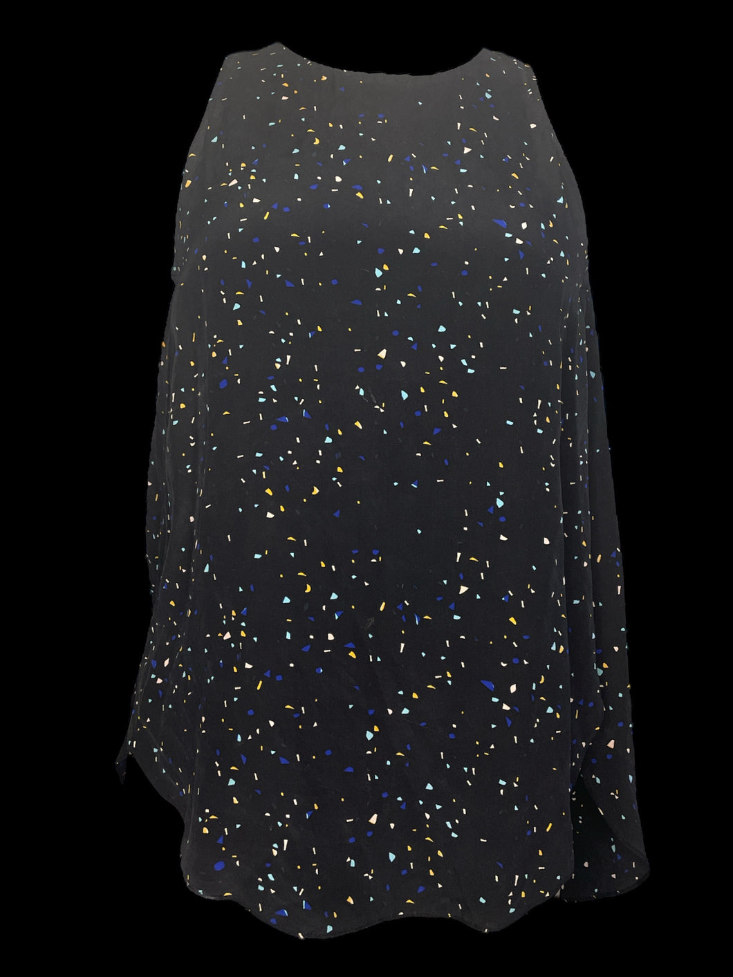 S Black sleeveless silk top w/ multicolor confetti pattern, & split panel back