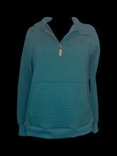 Load image into Gallery viewer, XL Emerald green high neck sweater w/ quilted style bust, kangaroo pocket, zipper, &amp; ribbed hems
