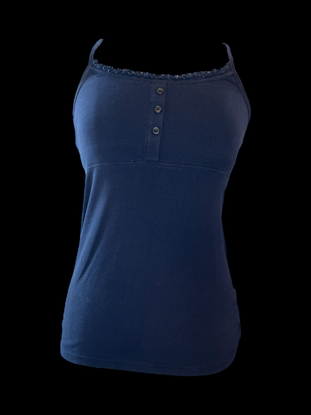 XS Dark blue sleeveless racerback top w/ ruffle neckline, button detail, & built-in shelf bra