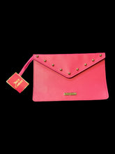 Load image into Gallery viewer, NWT Hot pink letter clutch w/ gold-like hardware &amp; Juicy Couture logo, ribbon strap, &amp; magnetic clasp
