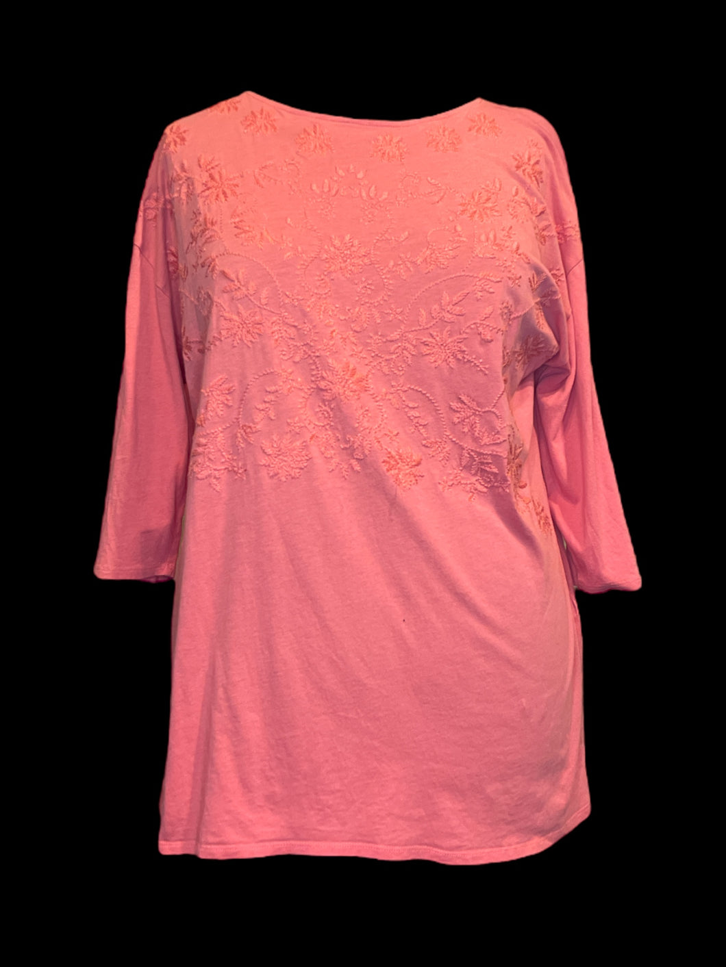 2X Pink 3/4 sleeve drop shoulder cotton-blend top w/ floral embroidery
