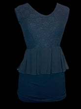 Load image into Gallery viewer, XS Black bodycon dress w/ lace detail bust, ruffle waist, belt loops, &amp; ribbed skirt

