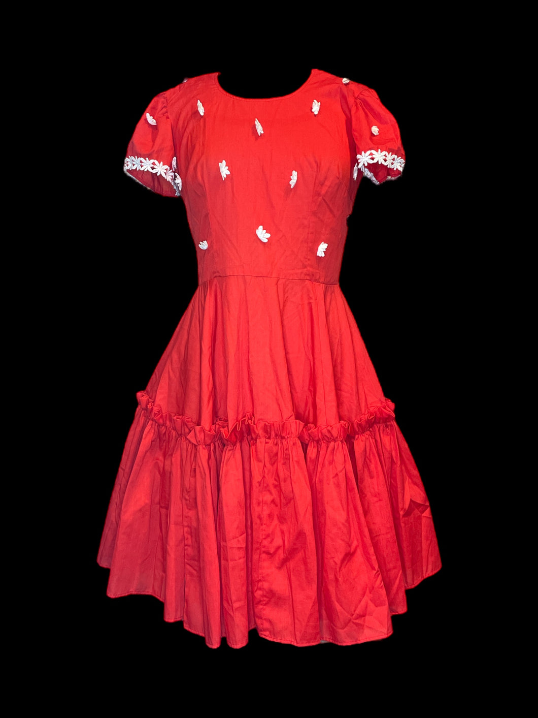 M Red short-sleeve dress w/ 3D embroidered white flowers, ruffle skirt, & zipper closure