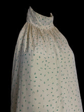 Load image into Gallery viewer, M Pale yellow halter high-neck top w/ green numbers pattern, triple button neck closure, &amp; ruffle &amp; stripe pattern hem
