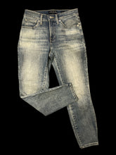 Load image into Gallery viewer, S Blue denim jeans w/ belt loops, pockets, pleather logo on back waist, &amp; button zipper closure
