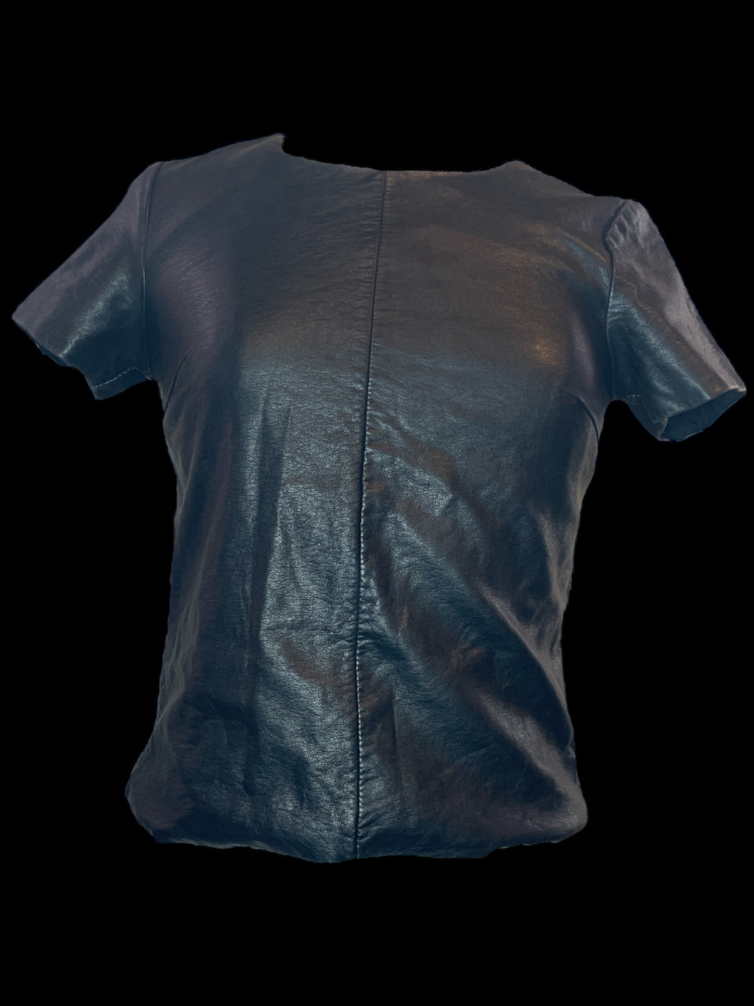 S Pleather short sleeve top w/ paneling, & back zipper closure