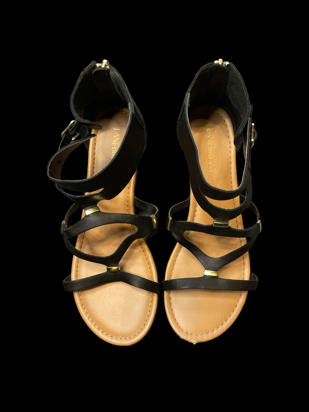 10W Black strappy sandals w/ gold-like details, heel zipper, & buckles