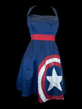 Load image into Gallery viewer, S Dark blue &quot;Captain America&quot; halter dress w/ Shield print, petticoat, elastic band back, &amp; zipper closure
