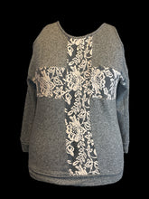 Load image into Gallery viewer, 1X Heather grey cotton-blend cold shoulder knit top w/ mesh &amp; faux cross stitch floral cross design
