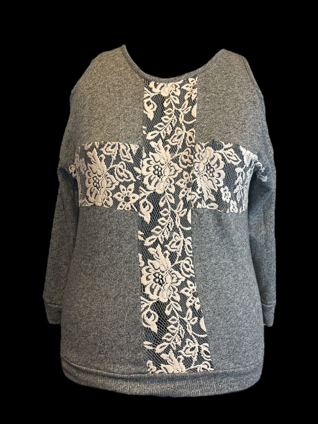 1X Heather grey cotton-blend cold shoulder knit top w/ mesh & faux cross stitch floral cross design